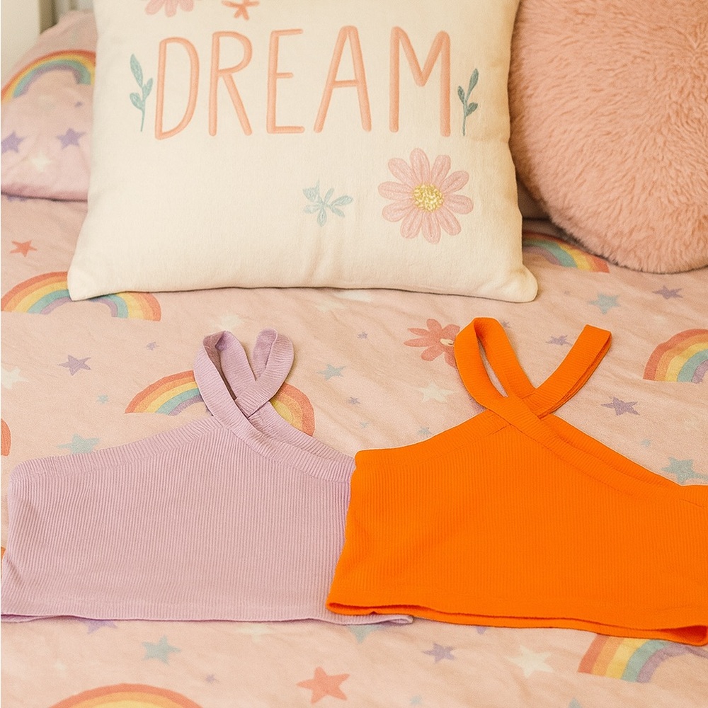 SHEIN Kids Bundle Duo: Cross-Strap Crop Tops in Lavender and Orange - Size 7